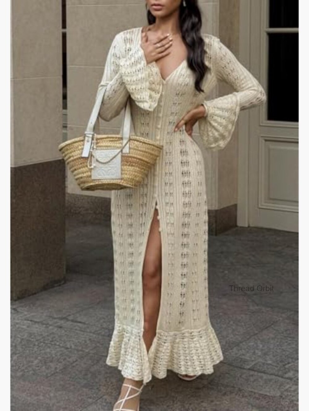 Long Cardigan Sweater Crochet Hollow Out Duster Cover Up Maxi Dress - Picture 4 of 7